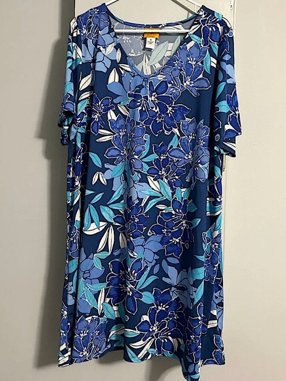 Ruby Rd. Vibrant Blue Floral V-Neck Stretch Knit Midi Shift Dress Wmn's Size 1X